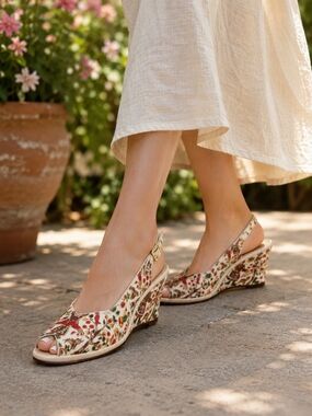 Vintage Cobbies Red Cross Printed Slingback Wedge Heels Cottagecore Summer 8N